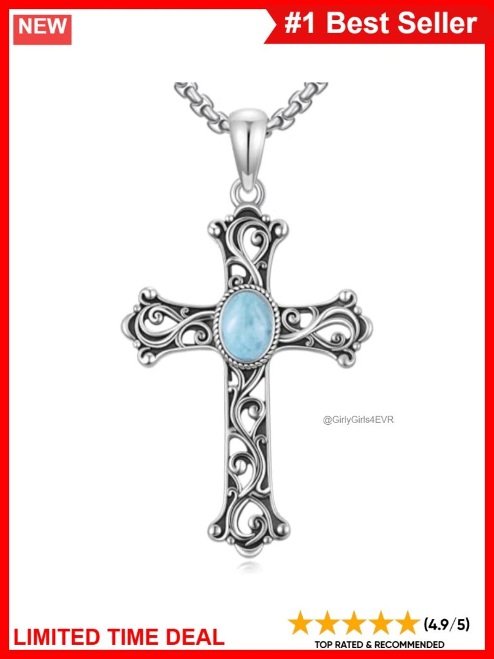 Sterling Silver Larimar Cross Necklace Filigree Crucifix Pendant Christian